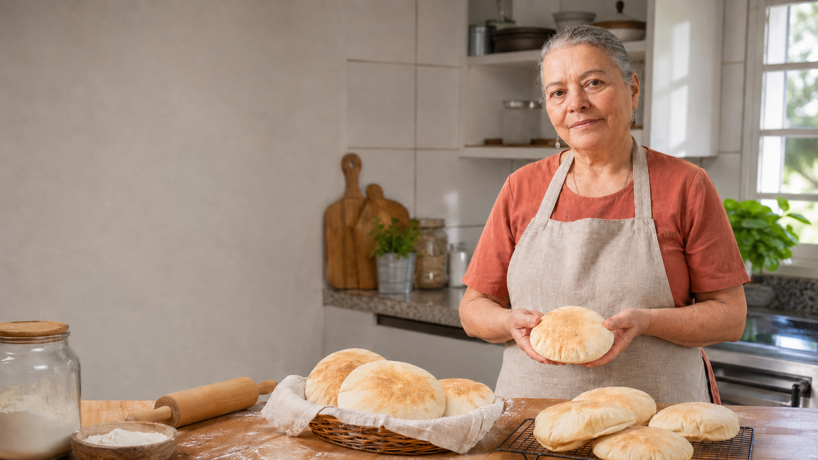 Jane em uma cozinha artesanal segurando um pão sírio